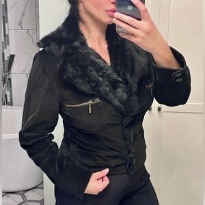 Rabbit Fur Trim Moto Jacket.